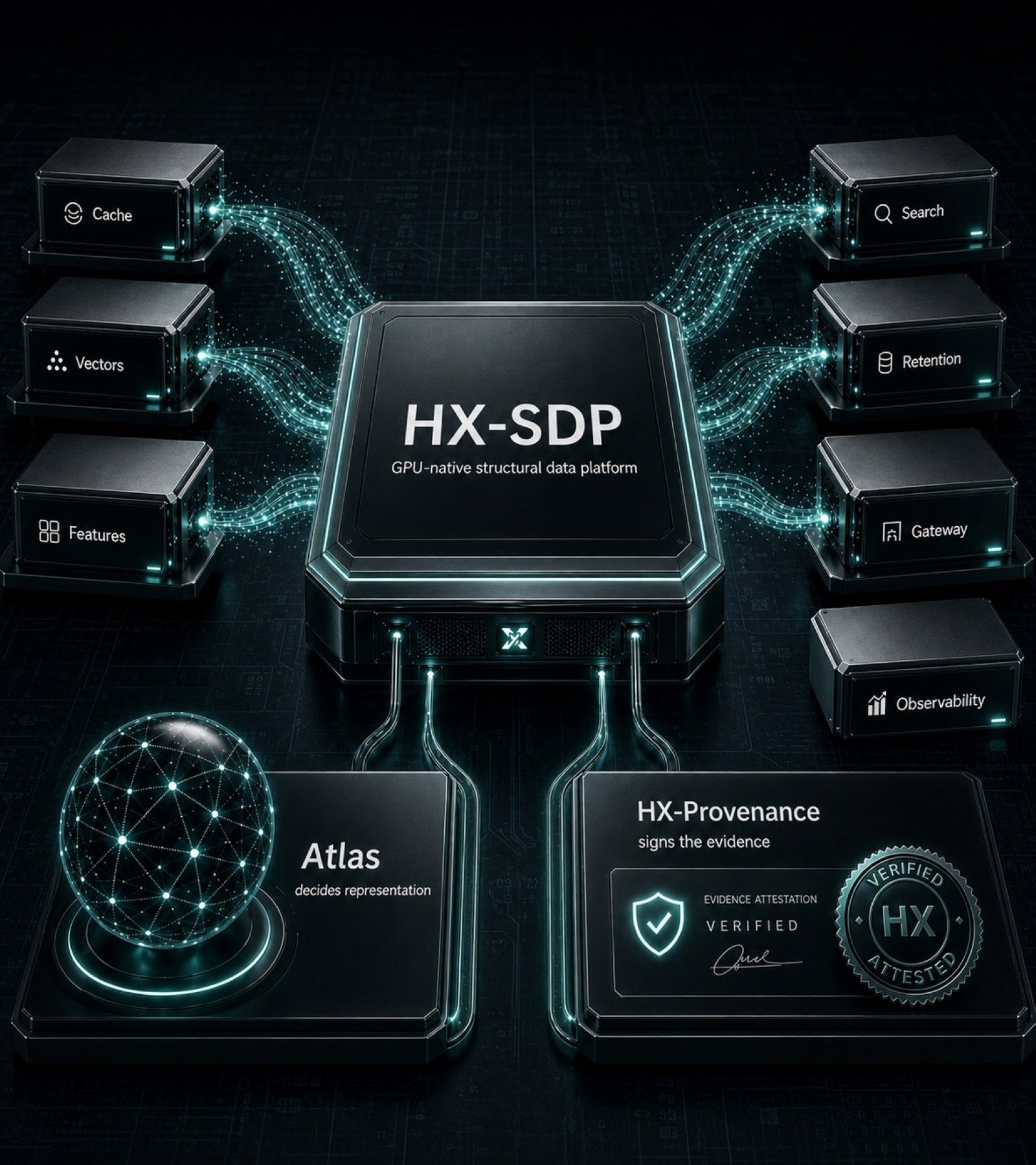 HX-SDP collapses cache, vectors, features, search, retention, gateway, and observability into one GPU-native structural representation.